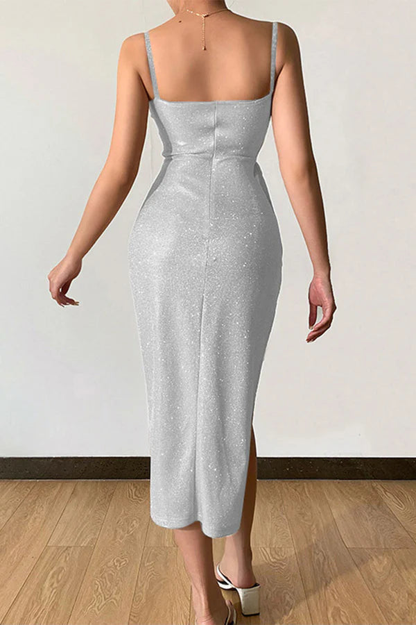 Vestido de noche sexy y elegante con lentejuelas de color sólido y escote en V con tirantes.