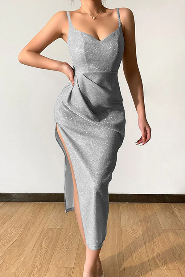 Vestido de noche sexy y elegante con lentejuelas de color sólido y escote en V con tirantes.