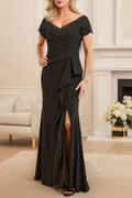 Black Crepe Sheath/column Floor-Length Dress with Off-the-Shoulder Neckline, Ruched Bodice & High Slit