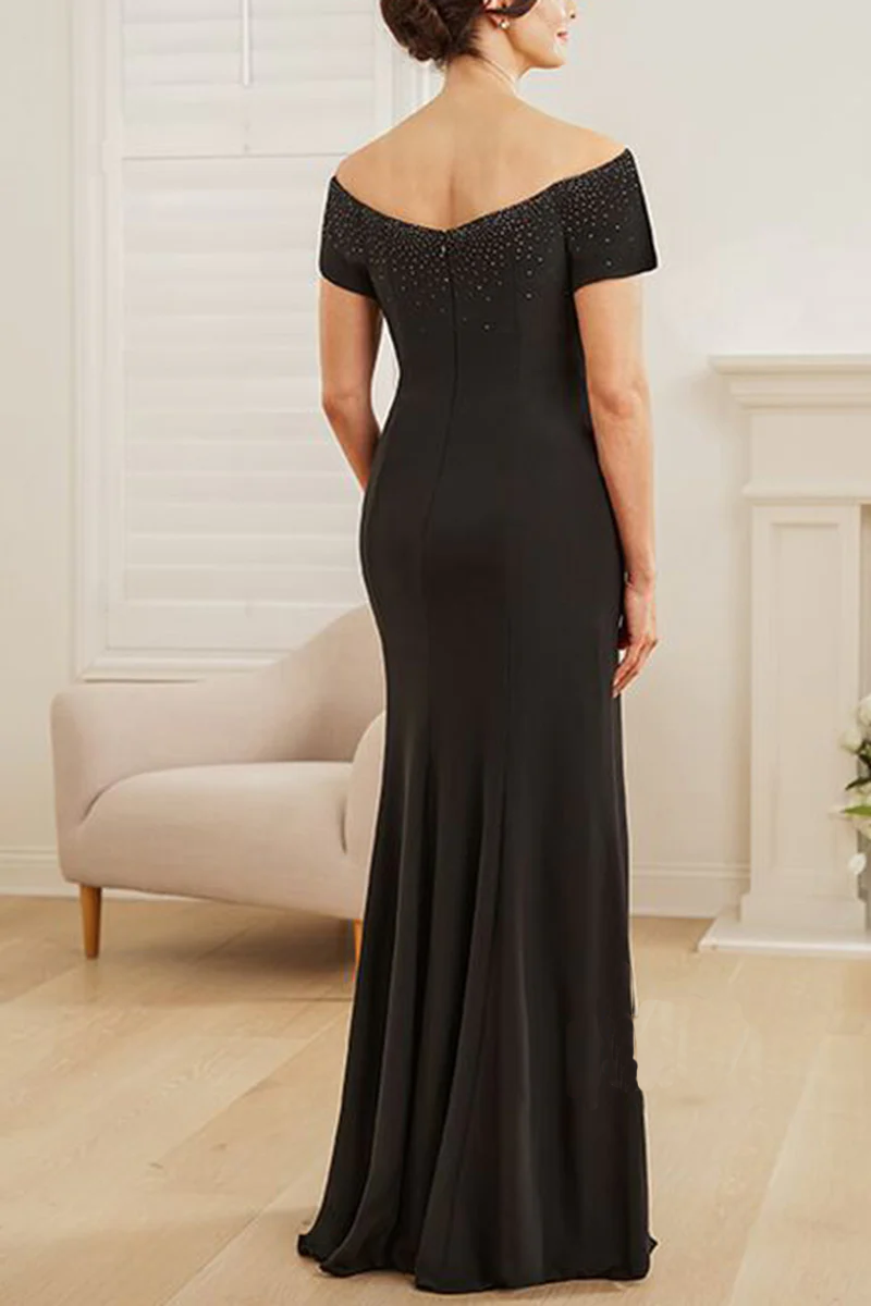 Black Crepe Sheath/column Floor-Length Dress with Off-the-Shoulder Neckline, Ruched Bodice & High Slit