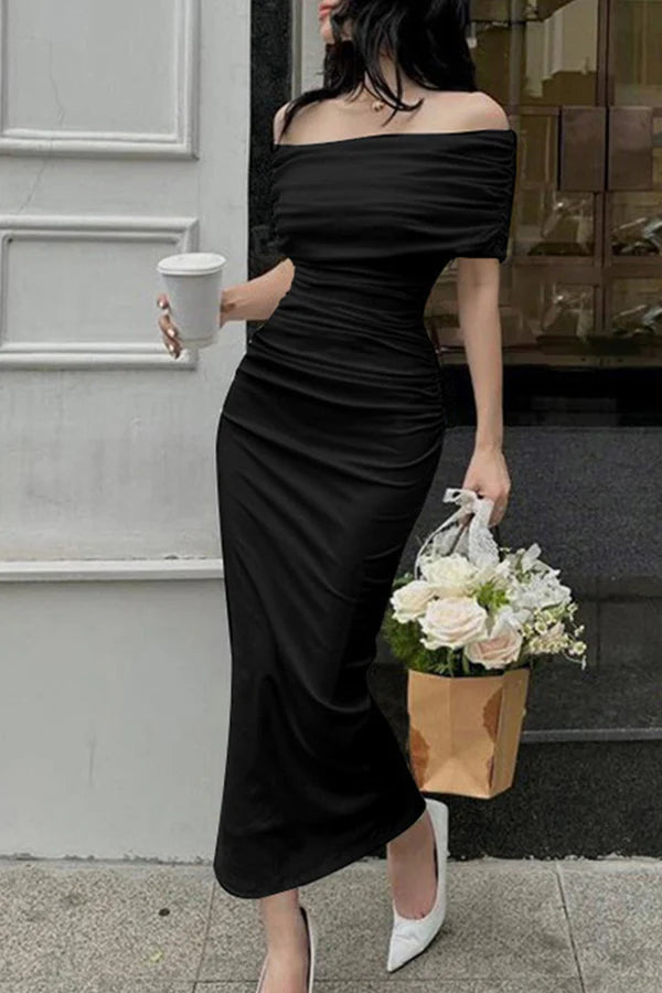 Elegant solid color shoulder folding evening dress
