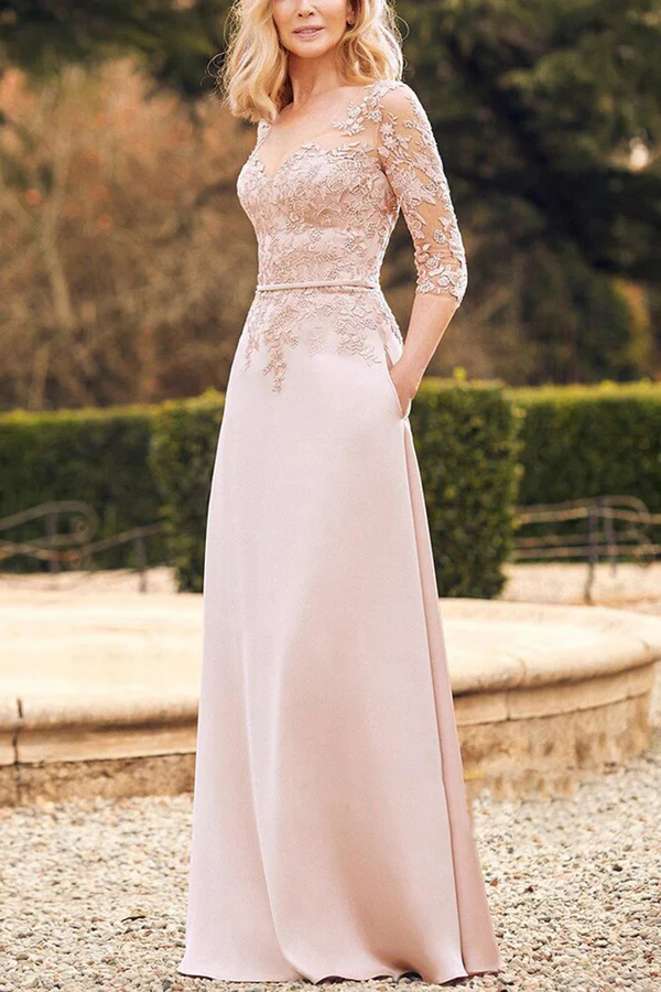 Vestido único para madre de la novia con escote en V, manga 3/4, parche de encaje y bolsillos