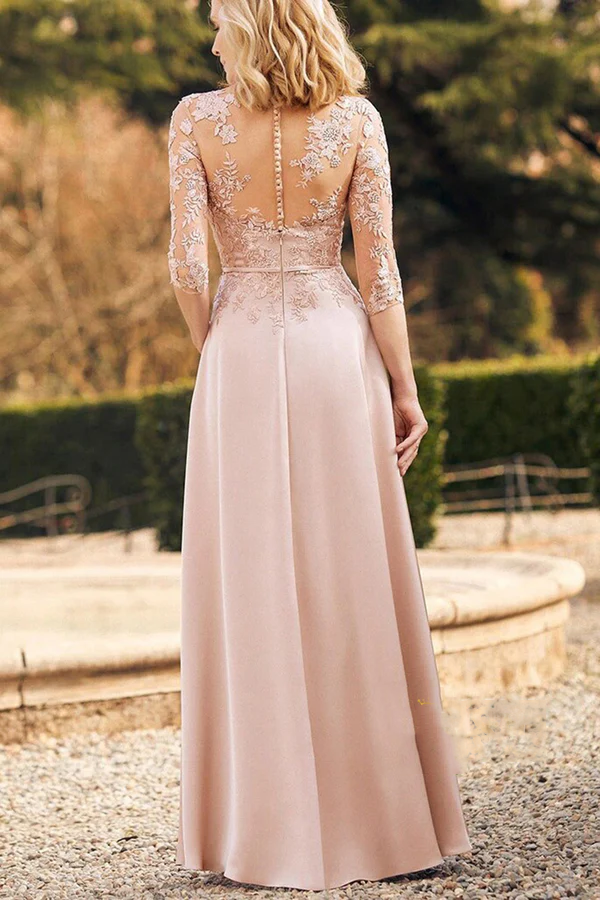 Vestido único para madre de la novia con escote en V, manga 3/4, parche de encaje y bolsillos