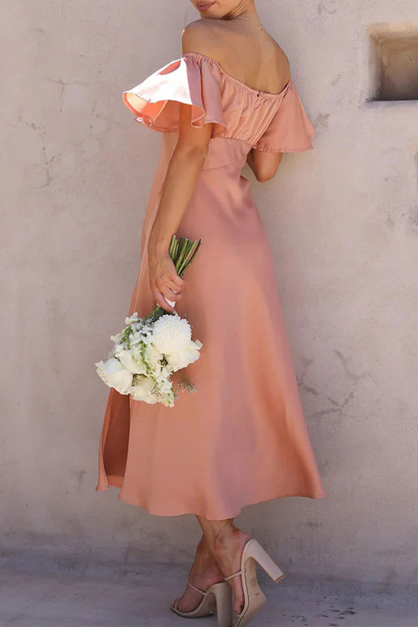 Vestido de noche sexy de color sólido con abertura y hombros descubiertos y plisado