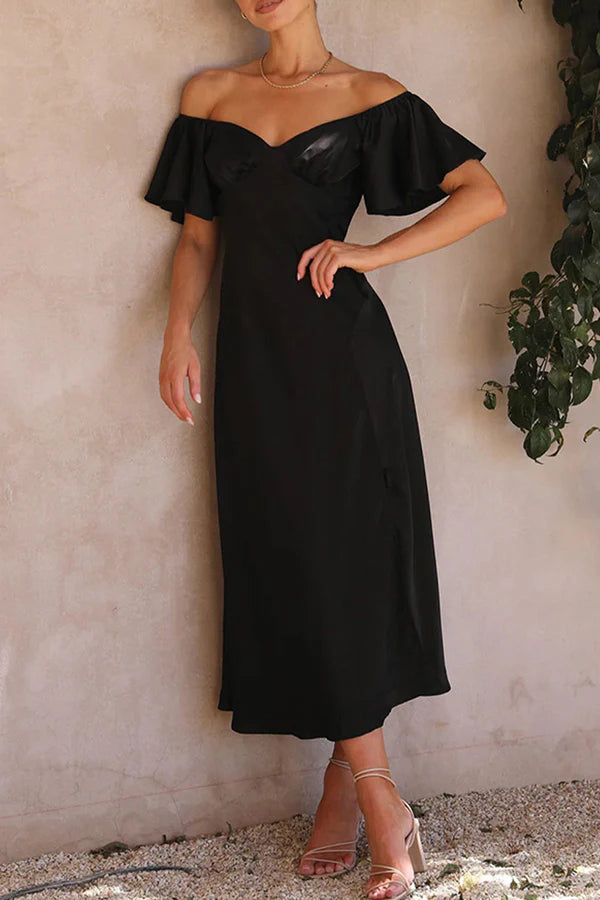 Vestido de noche sexy de color sólido con abertura y hombros descubiertos y plisado