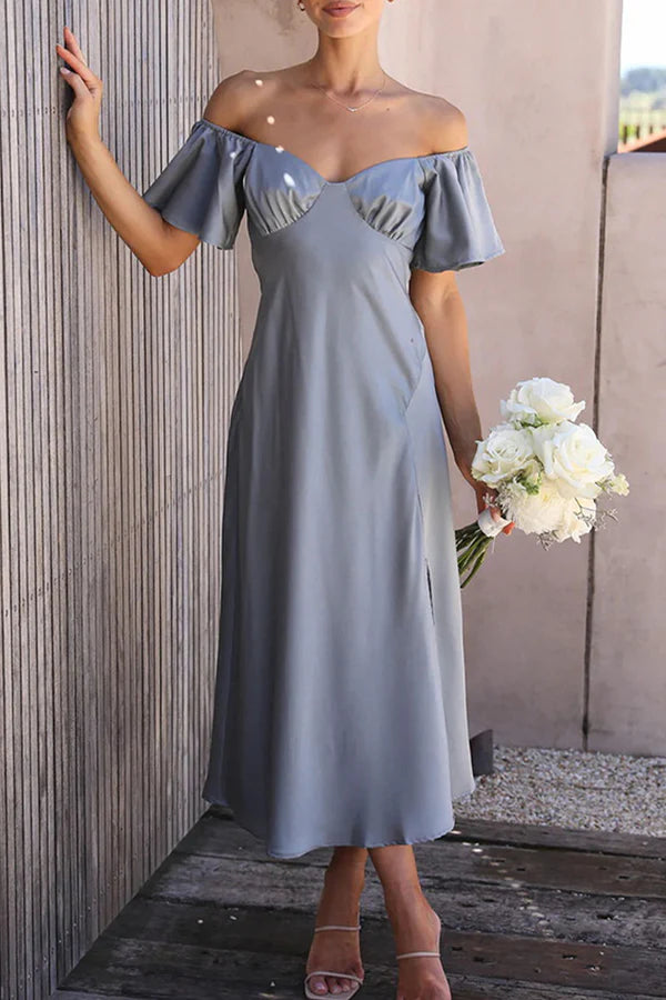 Vestido de noche sexy de color sólido con abertura y hombros descubiertos y plisado