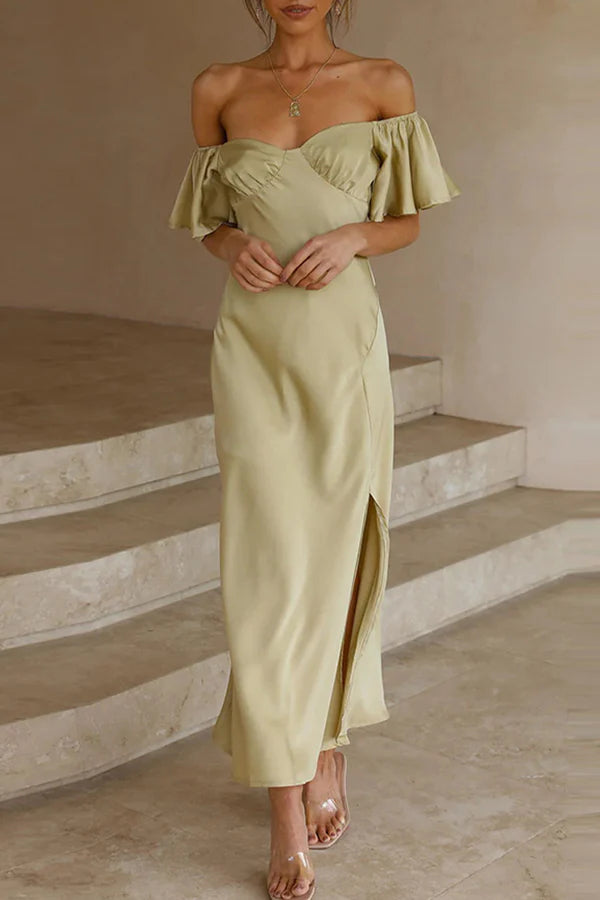 Vestido de noche sexy de color sólido con abertura y hombros descubiertos y plisado