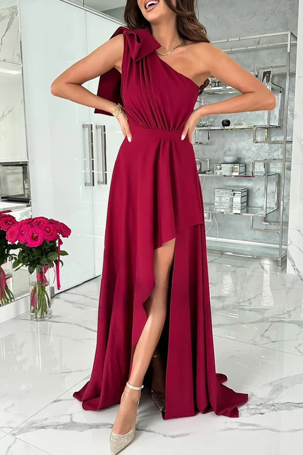 Burgundy One Shoulder A-Line High-Low Chiffon Dress