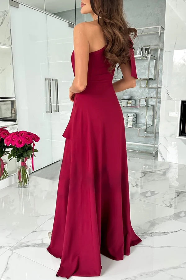 Burgundy One Shoulder A-Line High-Low Chiffon Dress