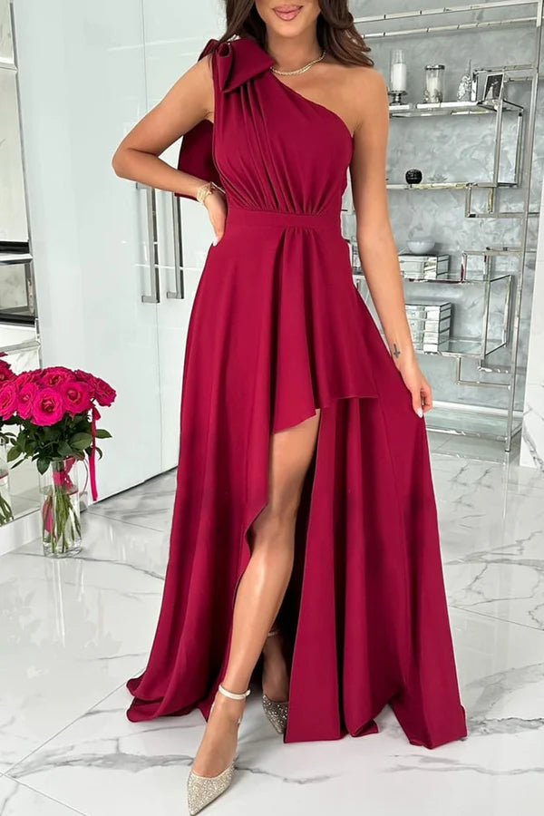 Burgundy One Shoulder A-Line High-Low Chiffon Dress