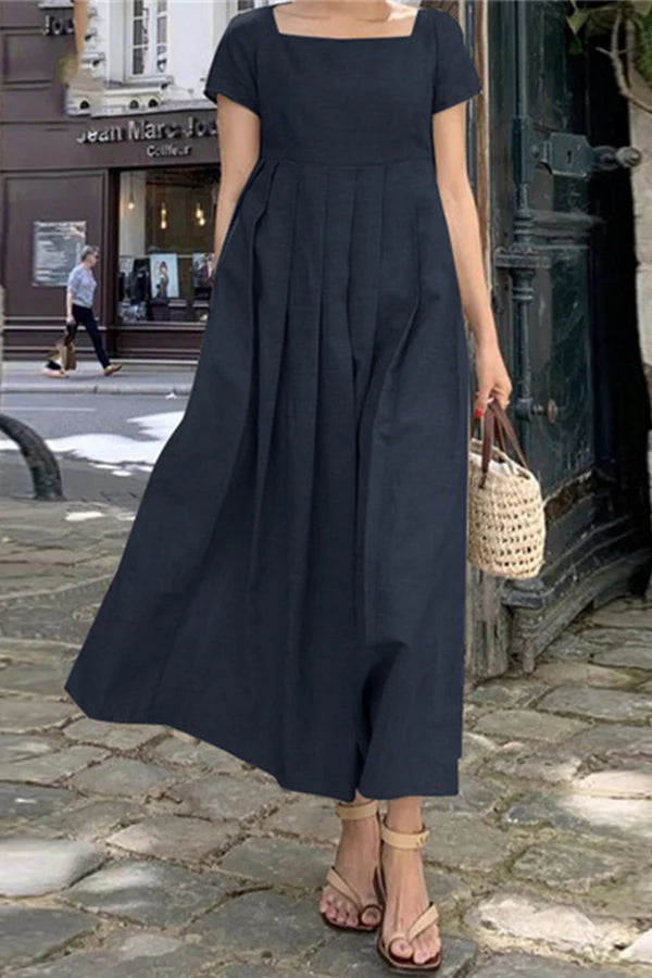 Vestido de noche minimalista de corte A con cuello cuadrado plisado en color liso para ocio