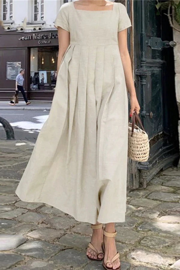 Ivory Crepe A-Line Tea-Length Dress with Square Neck & Pleated Skirt