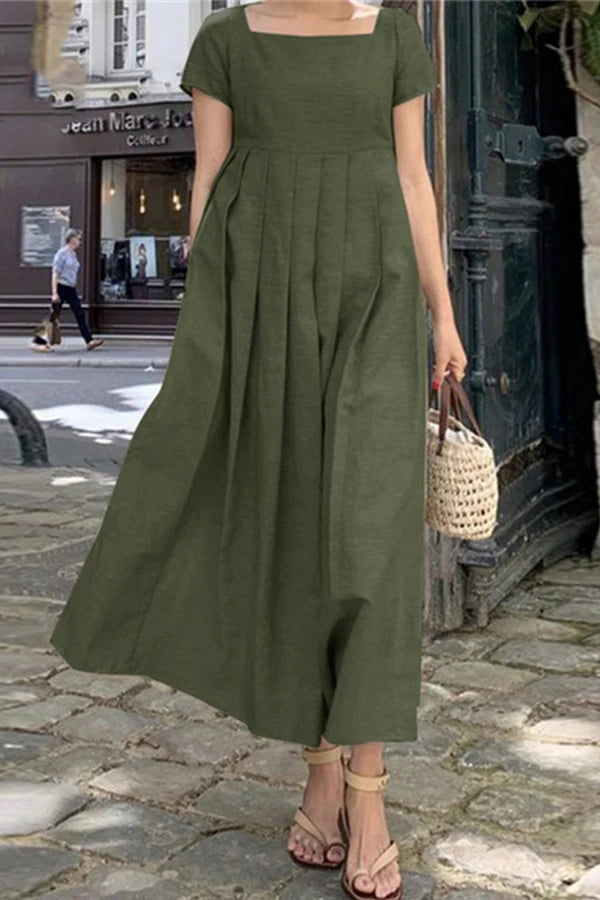 Ivory Crepe A-Line Tea-Length Dress with Square Neck & Pleated Skirt
