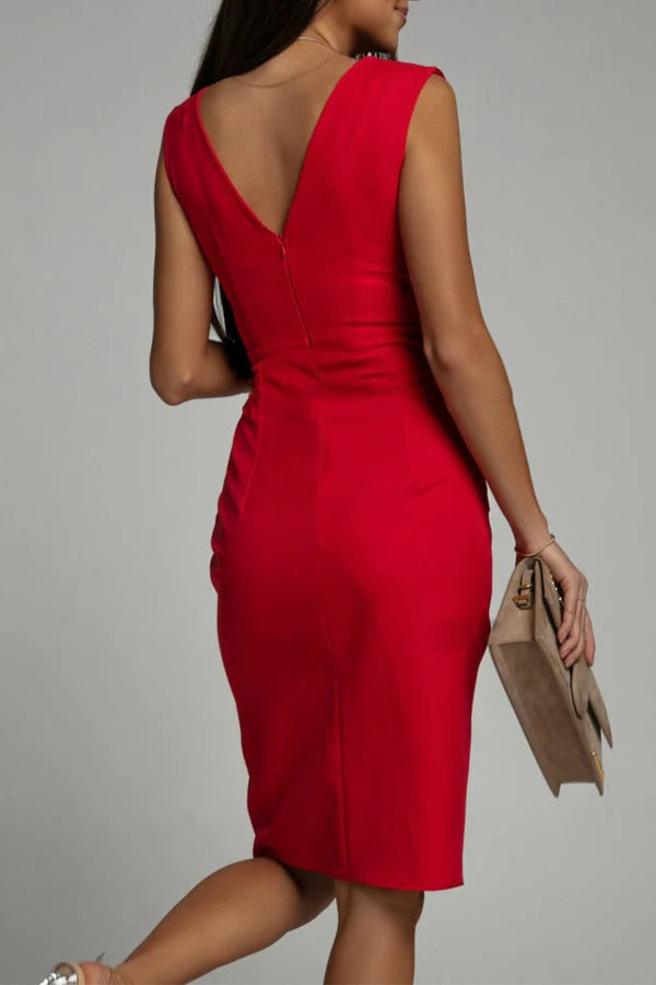 Elegant solid color slit folding V-neck evening dress