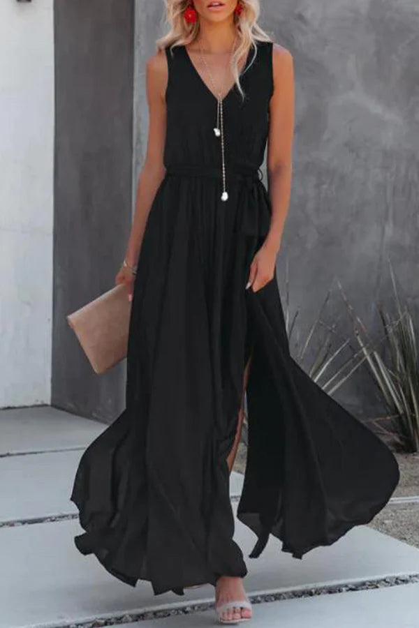 Black Chiffon A-Line V-Neck Floor-Length Dress with High Slit & Tie Waist
