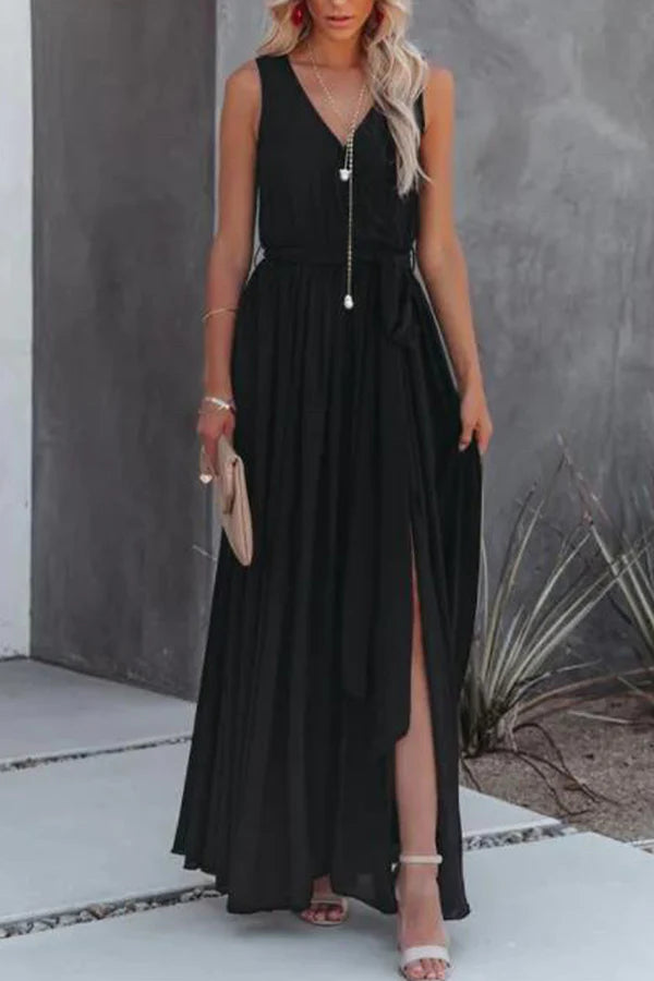 Black Chiffon A-Line V-Neck Floor-Length Dress with High Slit & Tie Waist
