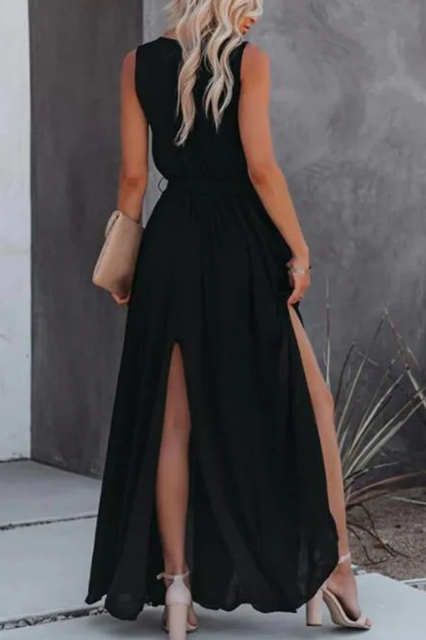 Black Chiffon A-Line V-Neck Floor-Length Dress with High Slit & Tie Waist