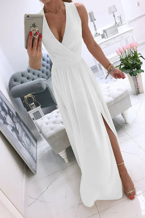Champagne Chiffon A-Line Floor-Length V-Neck Bridesmaid Dress with Wrap Bodice & High Slit