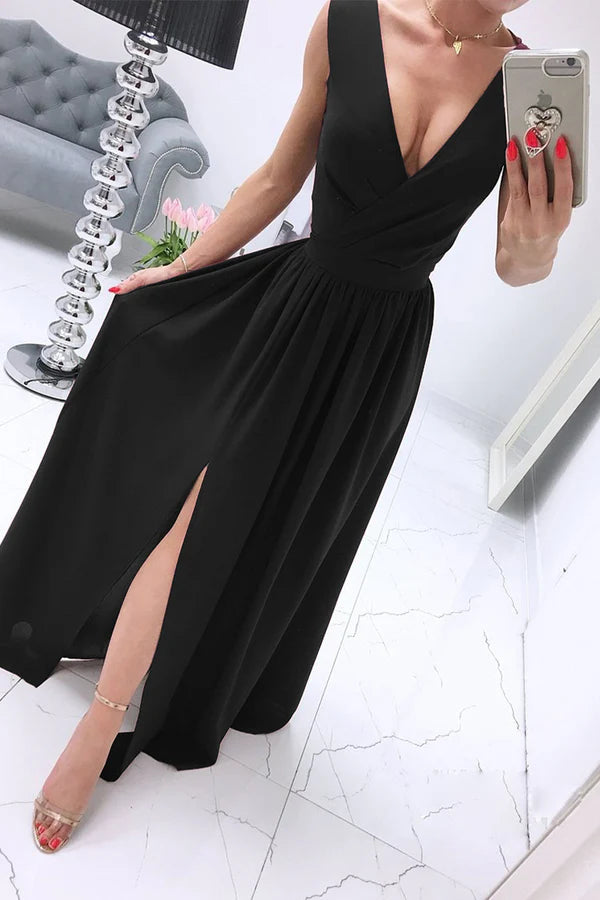 Vestido de noche sexy y minimalista de color sólido con abertura y escote en V.