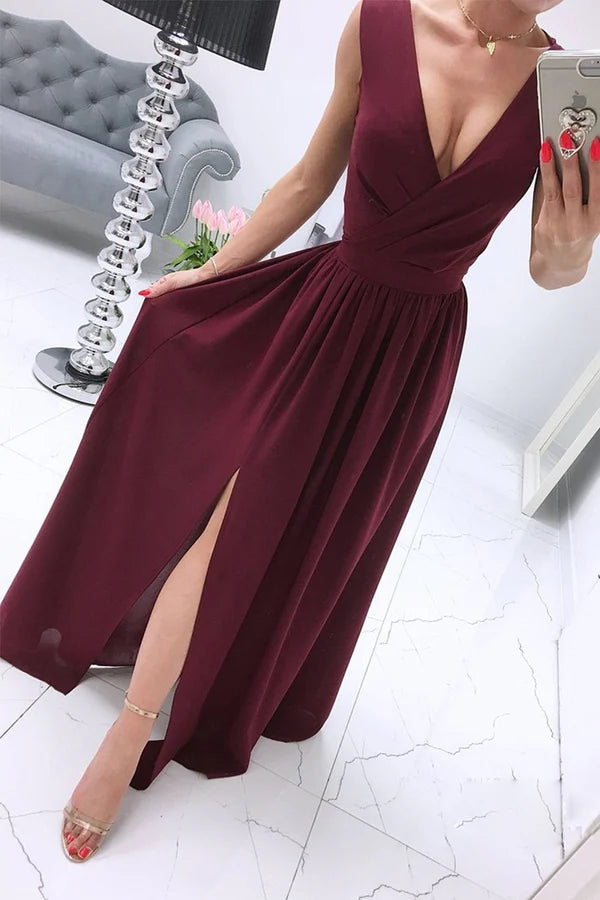 Vestido de noche sexy y minimalista de color sólido con abertura y escote en V.