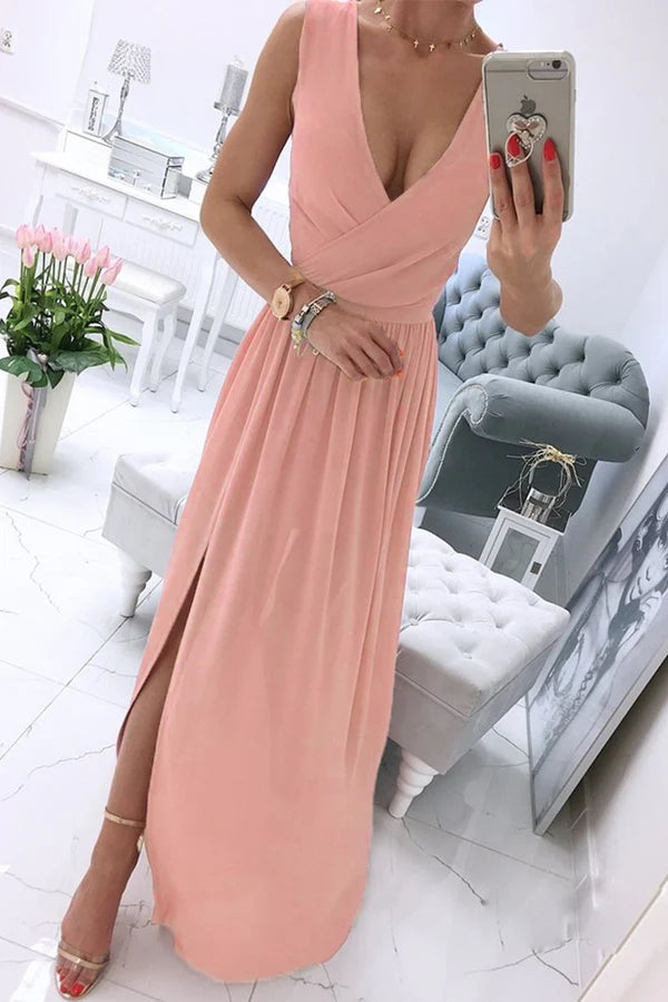 Vestido de noche sexy y minimalista de color sólido con abertura y escote en V.