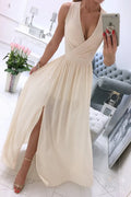 Champagne Chiffon A-Line Floor-Length V-Neck Bridesmaid Dress with Wrap Bodice & High Slit