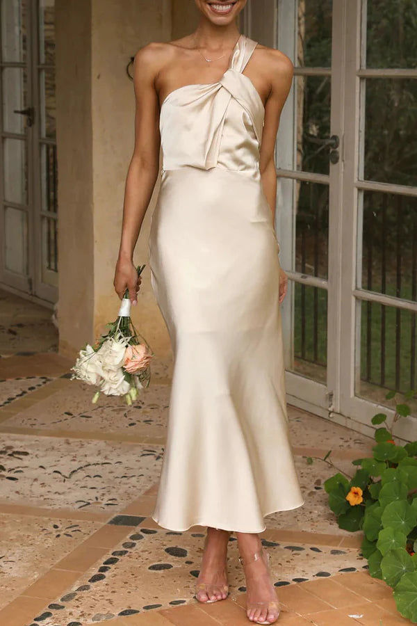 Sweet and elegant solid color one shoulder evening dress