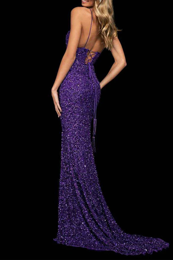 Purple Sequin Sheath/column V-Neck Floor-Length Dress with High Slit