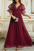 Burgundy Chiffon A-Line Floor-Length Bridesmaid Dress with Lace V-Neck Bodice, Flutter Sleeves & Back Zip
