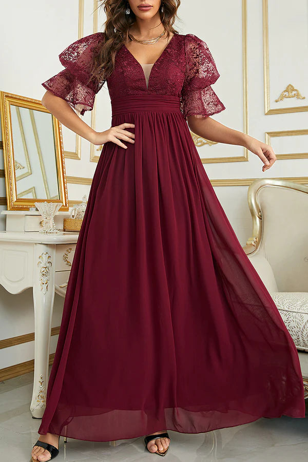 Burgundy Chiffon A-Line Floor-Length Bridesmaid Dress with Lace V-Neck Bodice, Flutter Sleeves & Back Zip