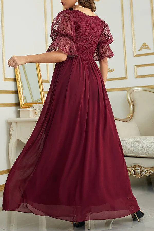 Burgundy Chiffon A-Line Floor-Length Bridesmaid Dress with Lace V-Neck Bodice, Flutter Sleeves & Back Zip