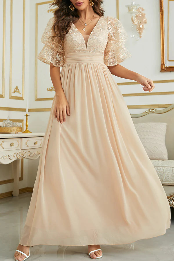 Elegante vestido de noche de encaje liso con escote en V