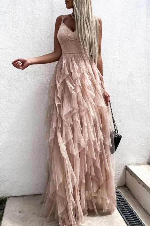 Vestido de noche formal dulce de malla sólida con cuello en V