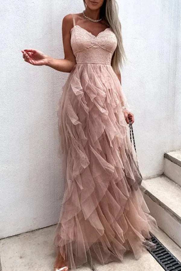 Blushing Pink Lace Tulle A-Line Floor-Length Bridesmaid Dress