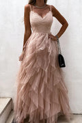 Vestido de noche formal dulce de malla sólida con cuello en V
