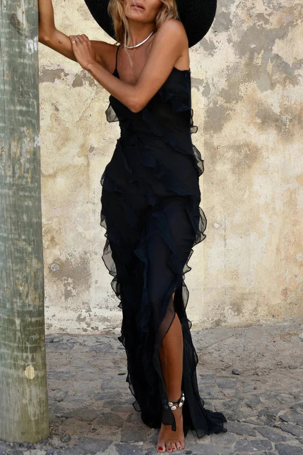 Sexy solid color ruffled edge slit V-neck strap for evening dressing