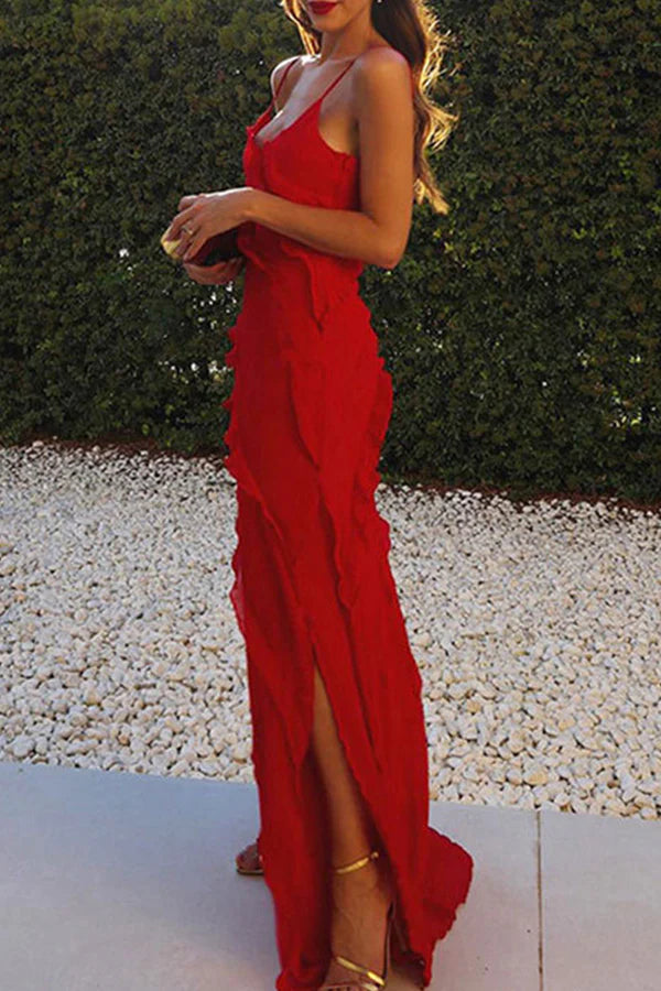 Red Chiffon A-Line Floor-Length Evening Dress with Cascading Ruffles