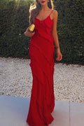 Red Chiffon A-Line Floor-Length Evening Dress with Cascading Ruffles