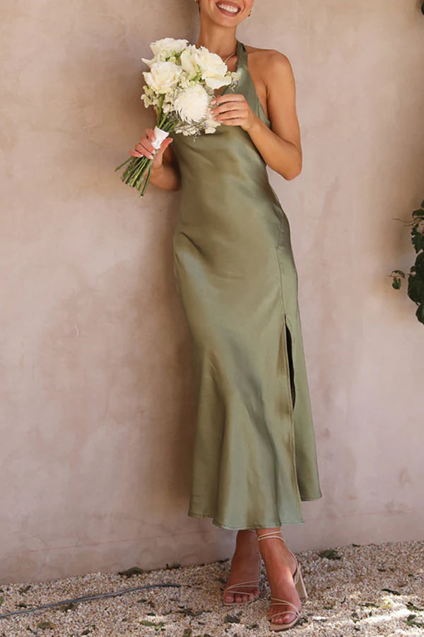 Black Satin Halter Cowl Neck Midi Sheath/Column Dress