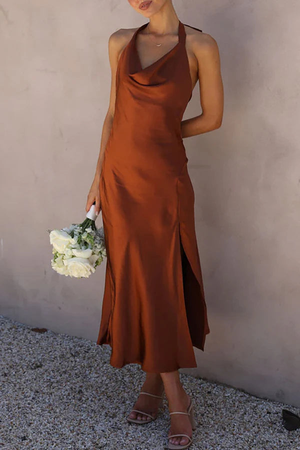 Black Satin Halter Cowl Neck Midi Sheath/Column Dress