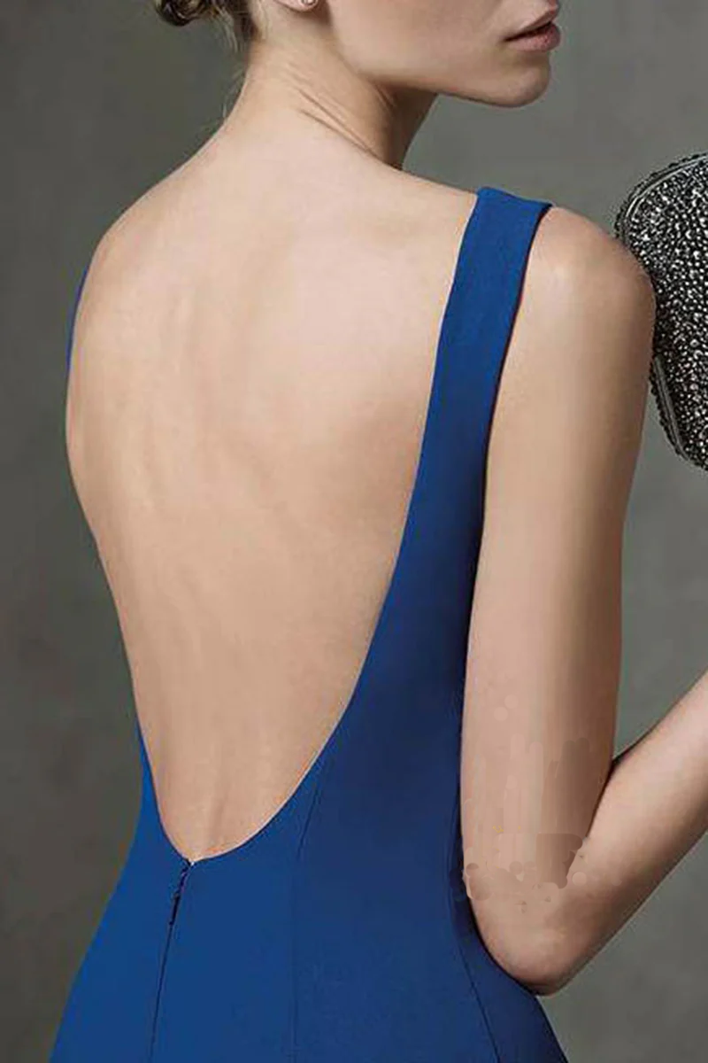 Royal Blue Crepe Mermaid Floor-Length Evening Dress with Low Back