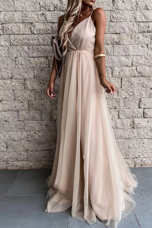 Vestido de noche sexy de malla de color liso con escote en V y atuendo formal.