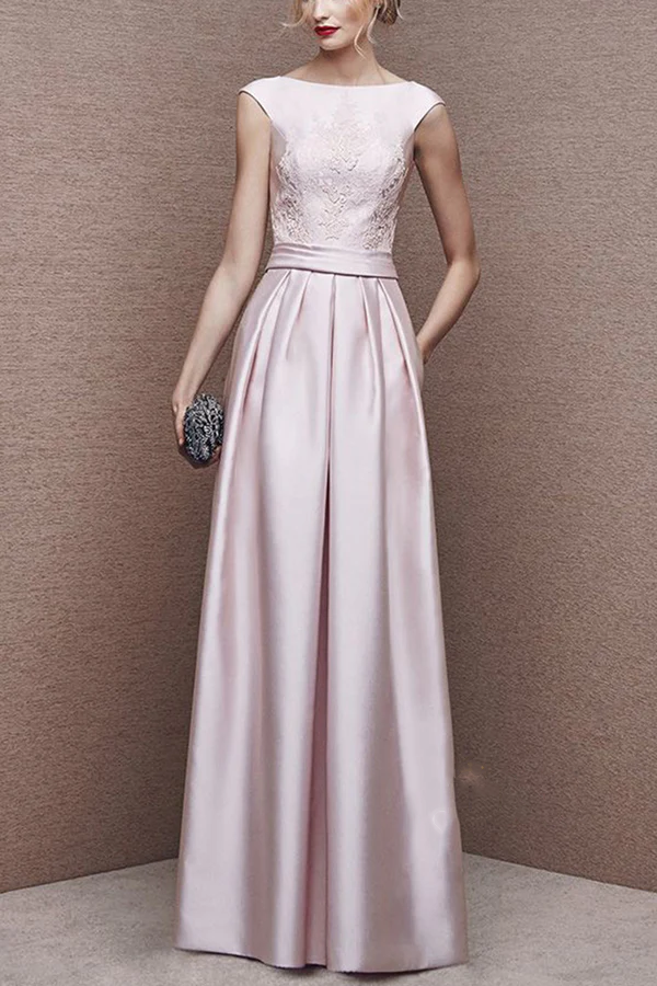 Blushing Pink Satin A-Line Floor-Length Dress with Boat Neck and Lace Bodice