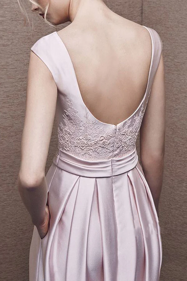 Blushing Pink Satin A-Line Floor-Length Dress with Boat Neck and Lace Bodice