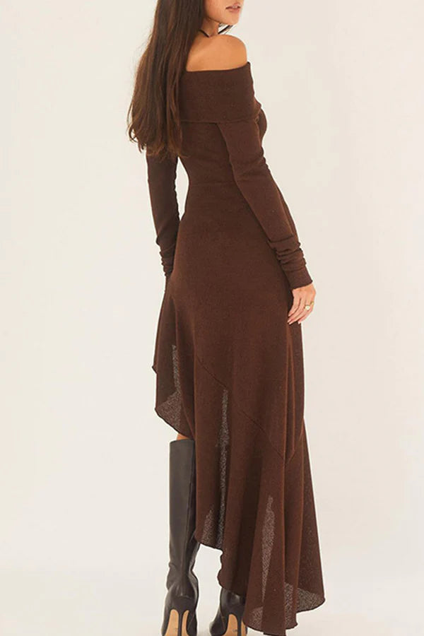 Vestido de noche sexy de color sólido con borde con volantes y hombros descubiertos, estilo irregular.