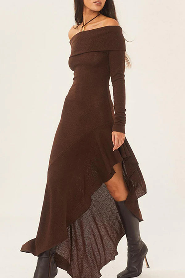 Vestido de noche sexy de color sólido con borde con volantes y hombros descubiertos, estilo irregular.