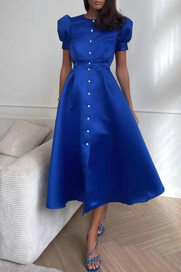 Elegant solid color buckle O-neck A-line short sleeved evening dress