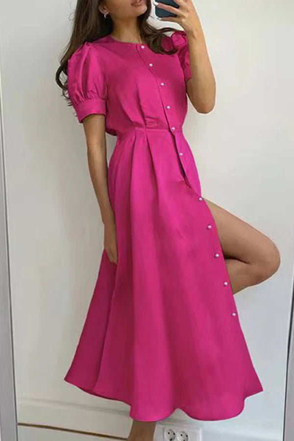 Elegant solid color buckle O-neck A-line short sleeved evening dress