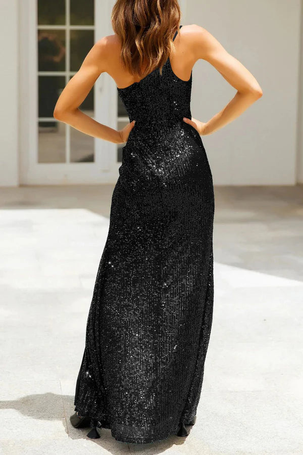 Vestido de noche sexy formal de color sólido con lentejuelas y cuello diagonal con abertura