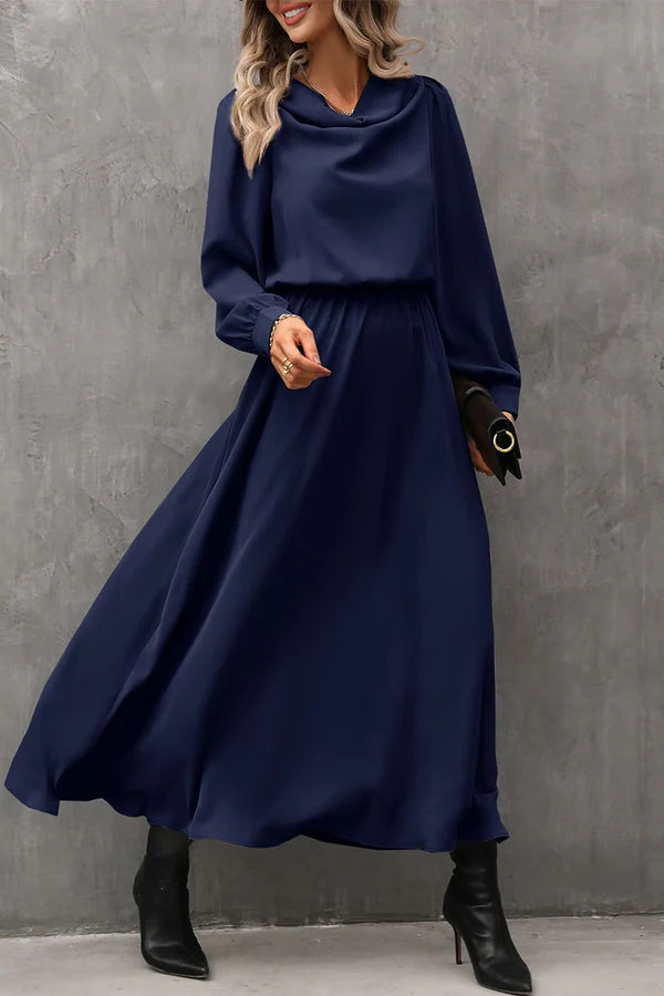 Elegante vestido de noche de corte A con cuello de bufanda asimétrico en color sólido